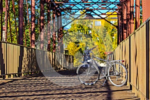 City bike on the greenbelt bridge in downtown Boise Idaho photo